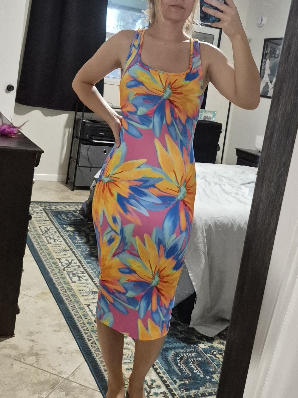 SHEIN Floral Midi Dress in Pink & Blue